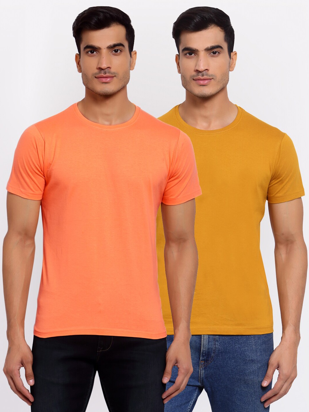 

FERANOID Men Peach & Mustard Pack of 2 T-shirt