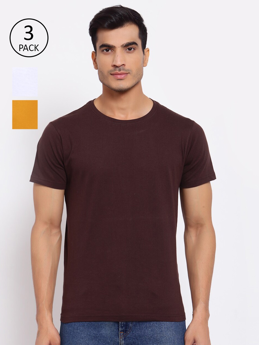 

FERANOID Men Pack Of 3 Brown & Yellow Cotton T-shirt