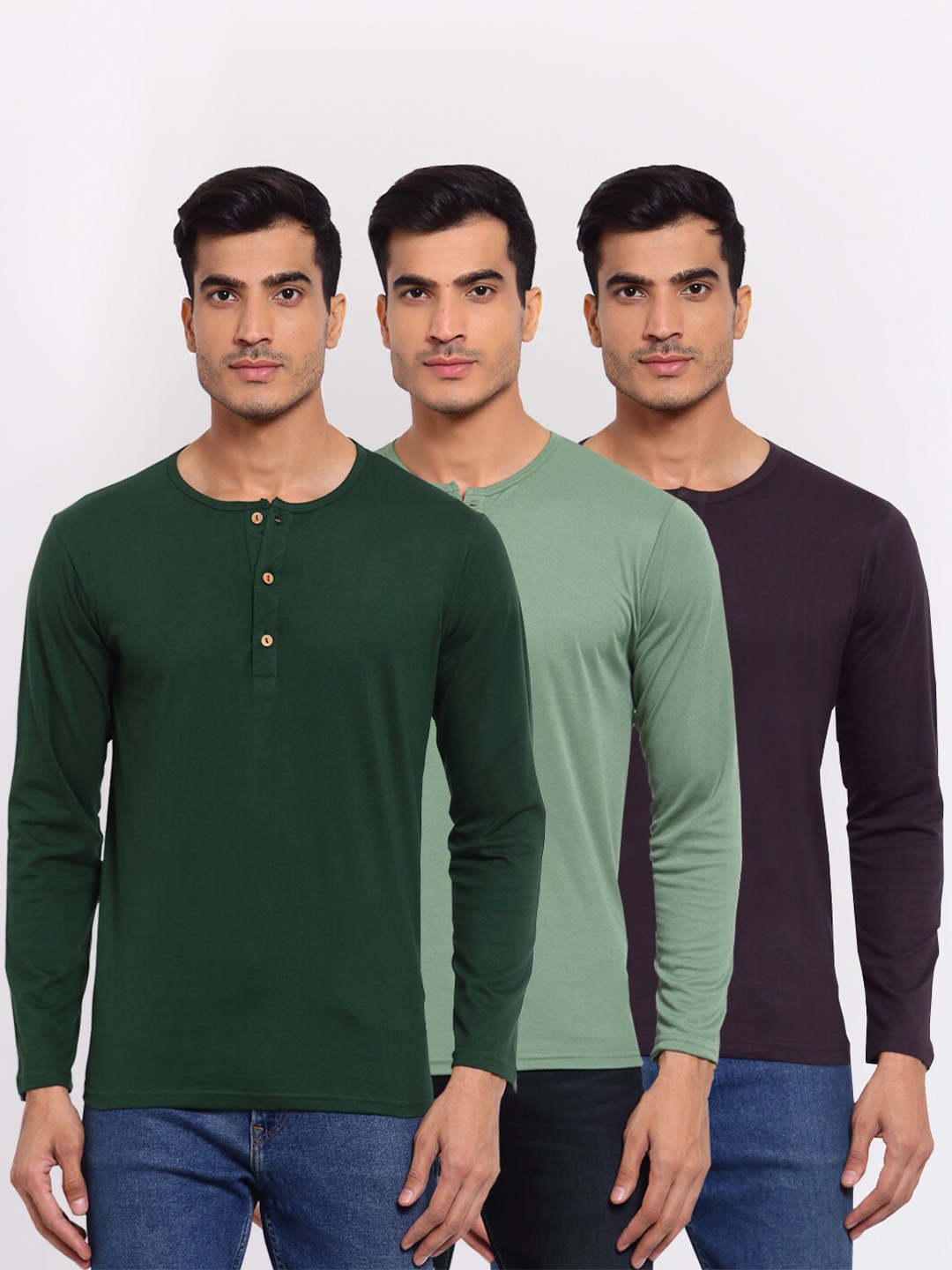 

FERANOID Men Pack Of 3 Henley Neck T-shirt, Green