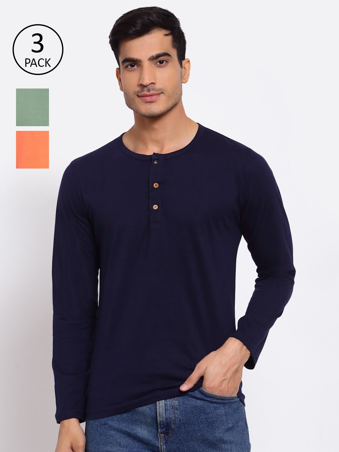 

FERANOID Men Pack of 3 Henley Neck T-shirt, Navy blue