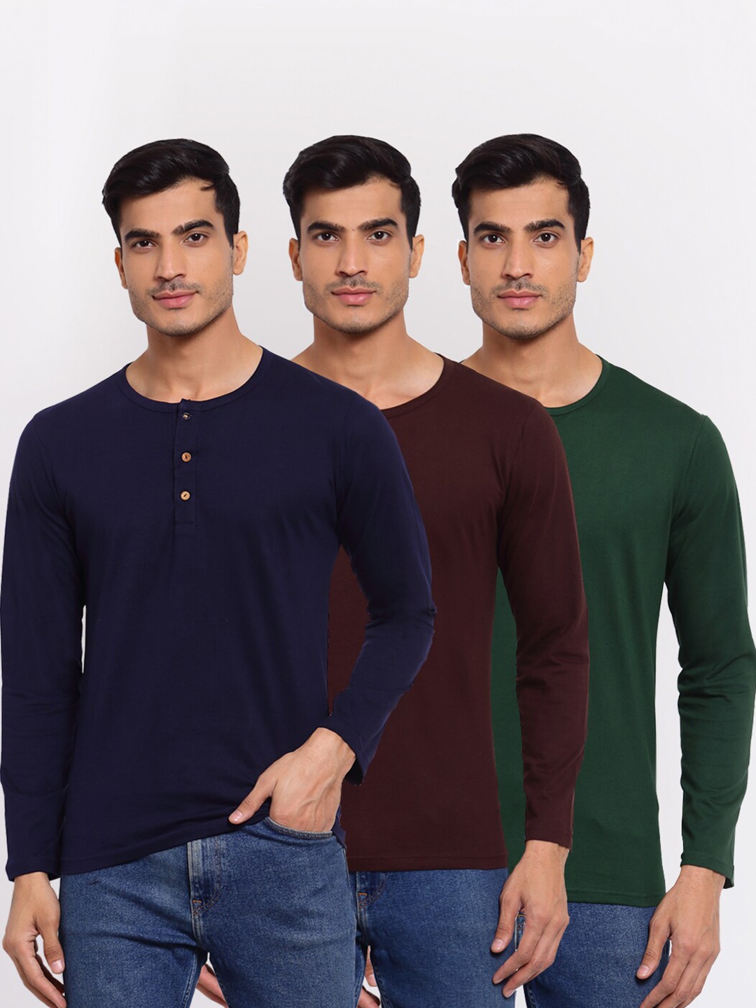 

FERANOID Men Navy Blue Pack of 3 Henley Neck T-shirt