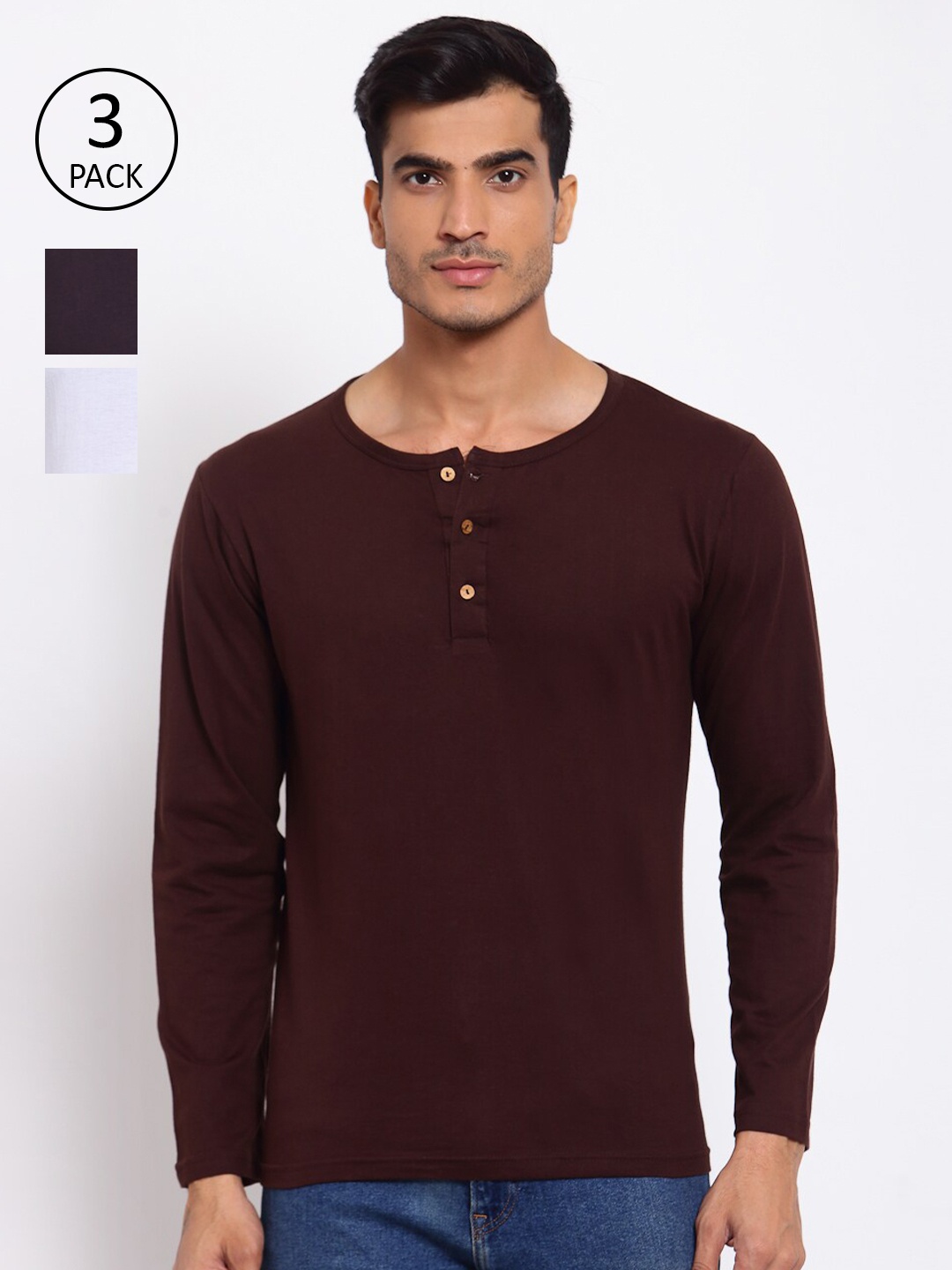 

FERANOID Men Brown & White Pack of 3 Henley Neck T-shirt