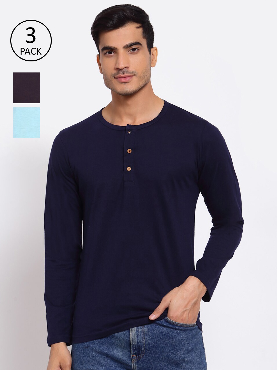 

FERANOID Men Pack of 3 Cotton Henley Neck T-Shirt, Navy blue