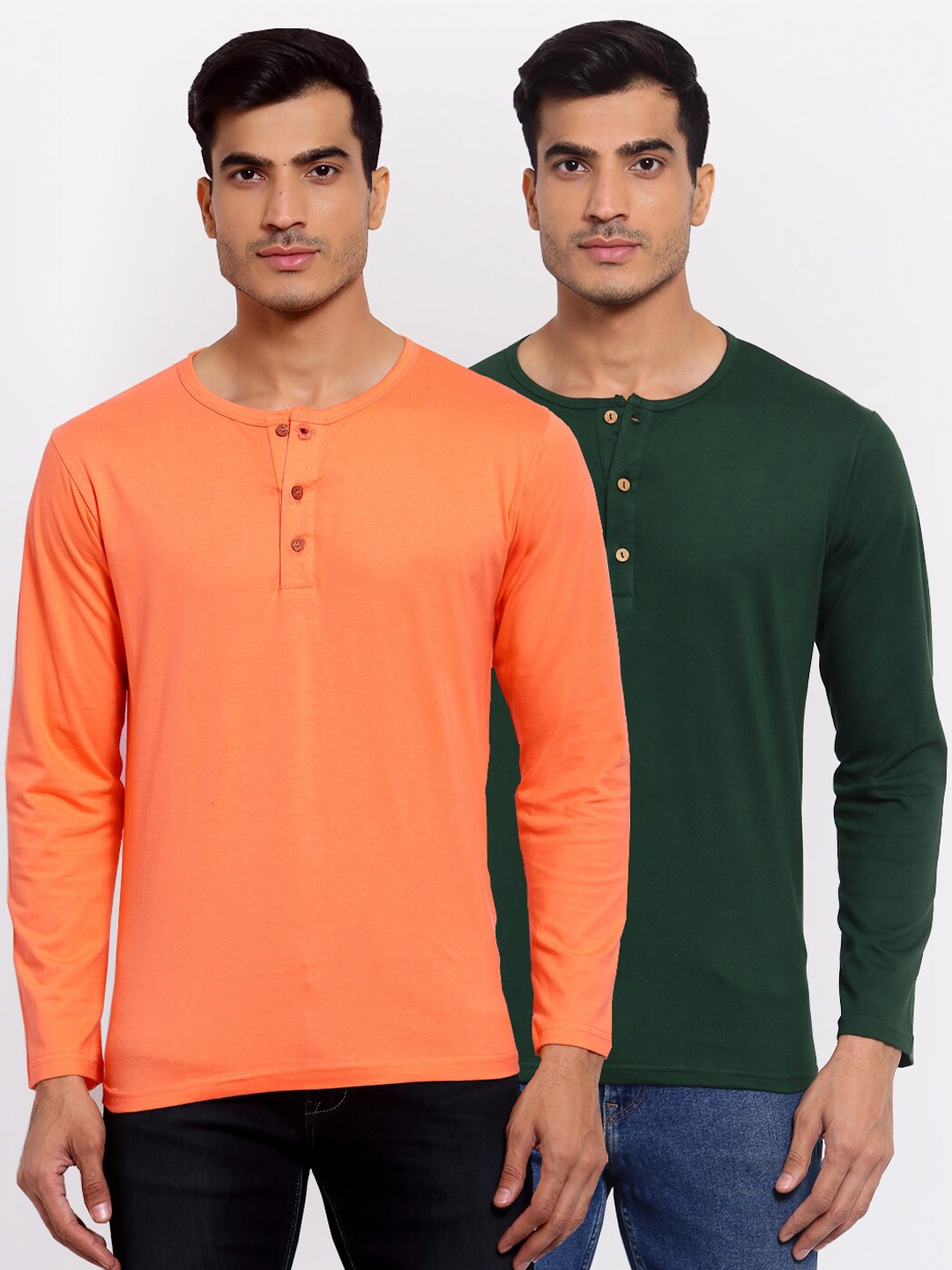 

FERANOID Men Peach-Coloured & Green Pack of 2 Henley Neck T-shirts