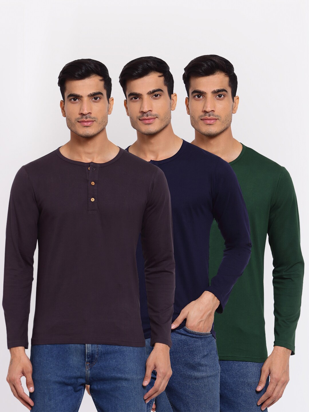 

FERANOID Men Pack Of 3 Green & Purple Henley Neck T-shirt