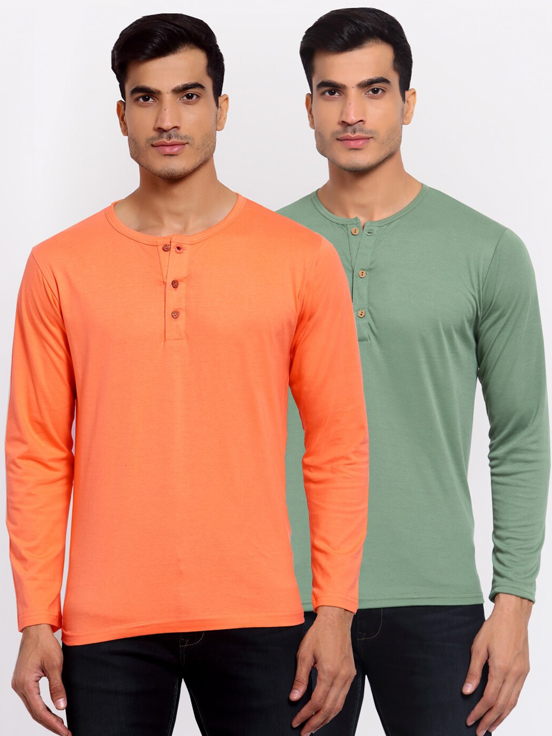 

FERANOID Men Peach-Coloured 2 Henley Neck Pockets T-shirt