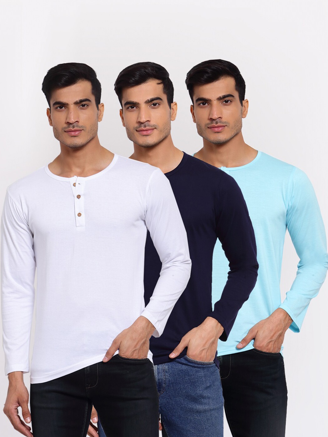

FERANOID Men Pack of 3 Solid Henley Neck Cotton T-shirt, White