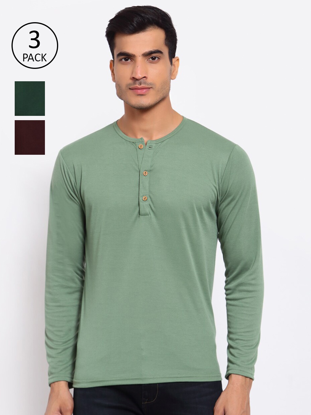 

FERANOID Pack Of 3 Men Green & Brown Cotton Henley Neck T-shirt