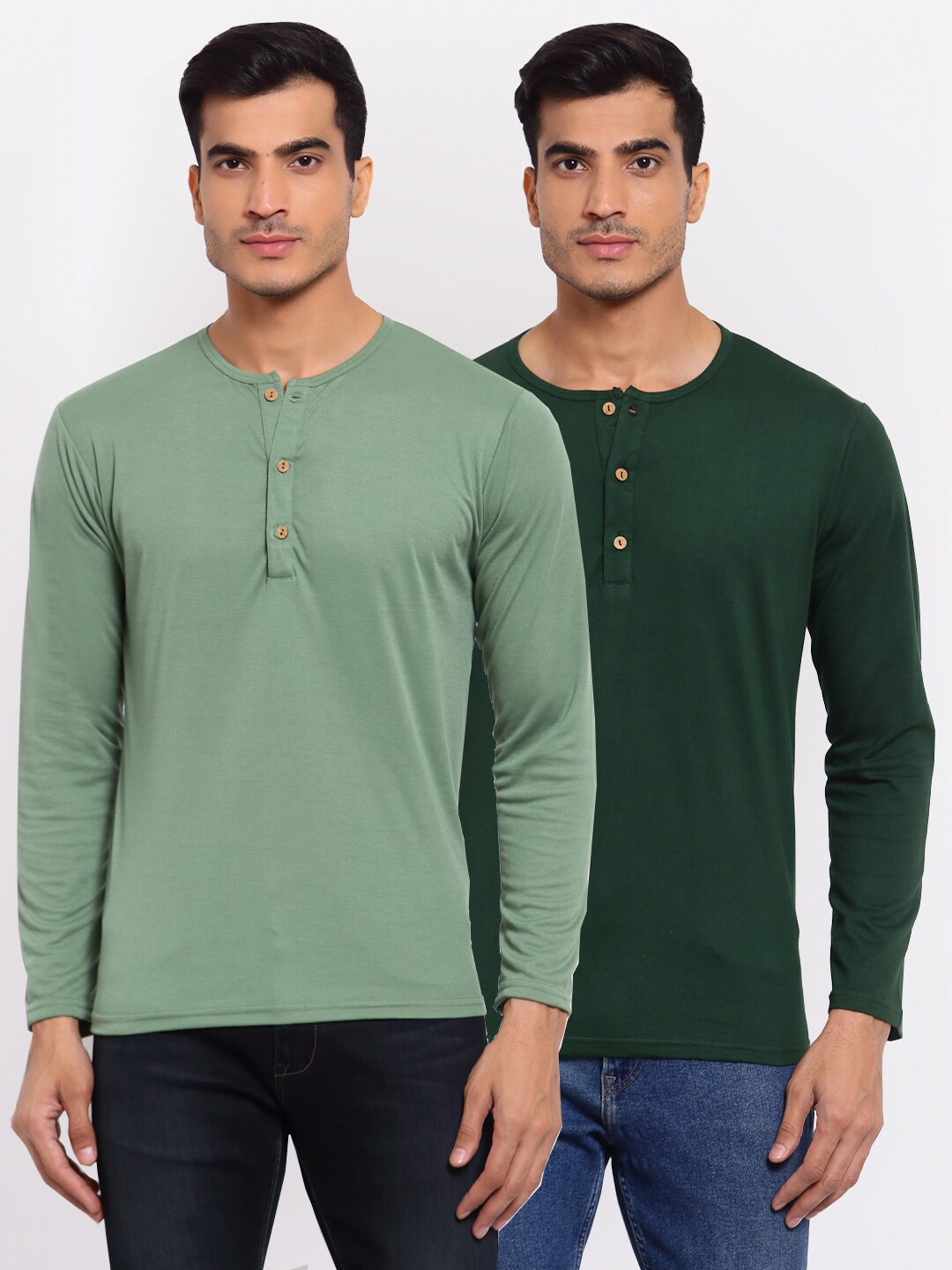 

FERANOID Men Pack Of 2 Green Henley Neck T-shirts