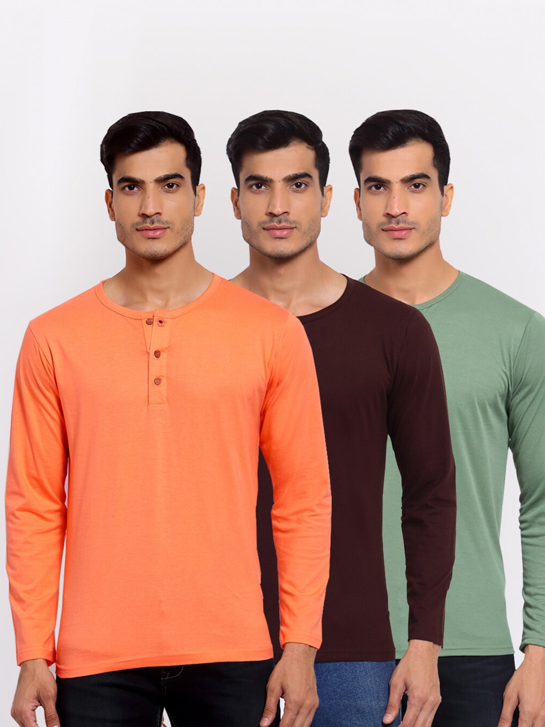 

FERANOID Men Peach-Coloured & Burgundy Pack of 3 Henley Neck T-shirt