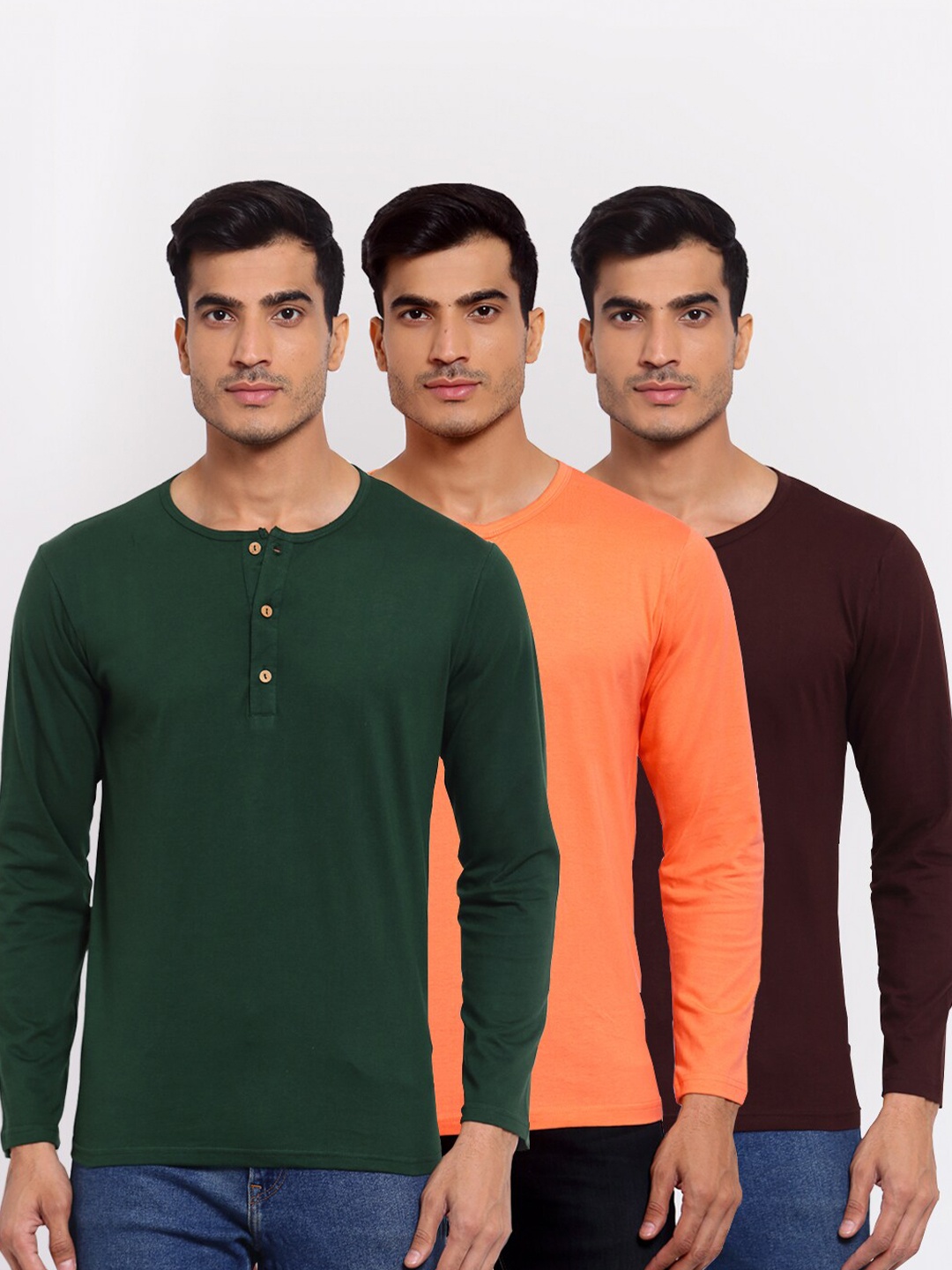 

FERANOID Men Pack of 3 Cotton Henley Neck T-Shirt, Green
