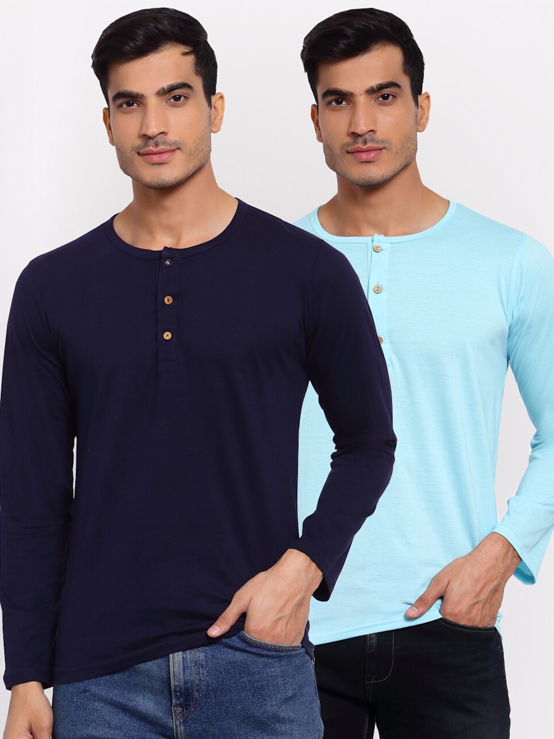 

FERANOID Men Pack Of 2 Navy Blue Henley Neck Cotton T-shirt