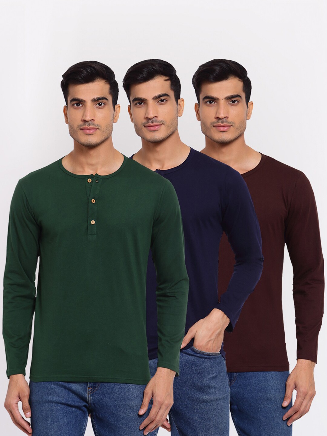 

FERANOID Men Green 3 Henley Neck Pockets T-shirt