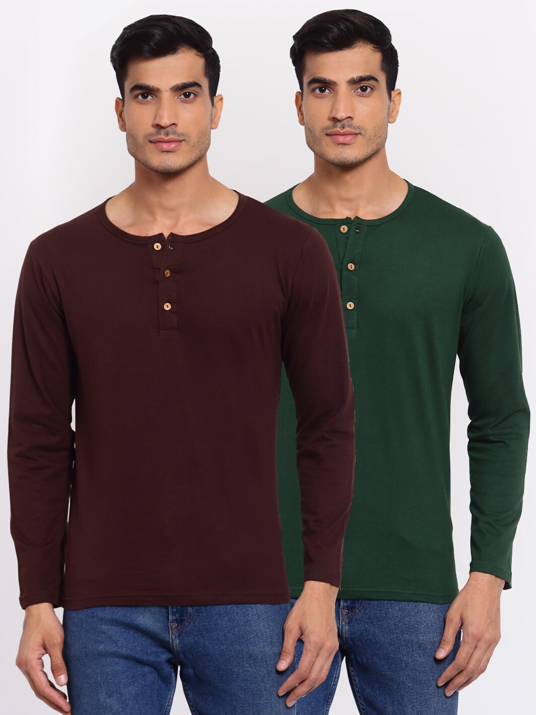 

FERANOID Men Pack of 2 Maroon & Green Solid Henley Neck T-shirt