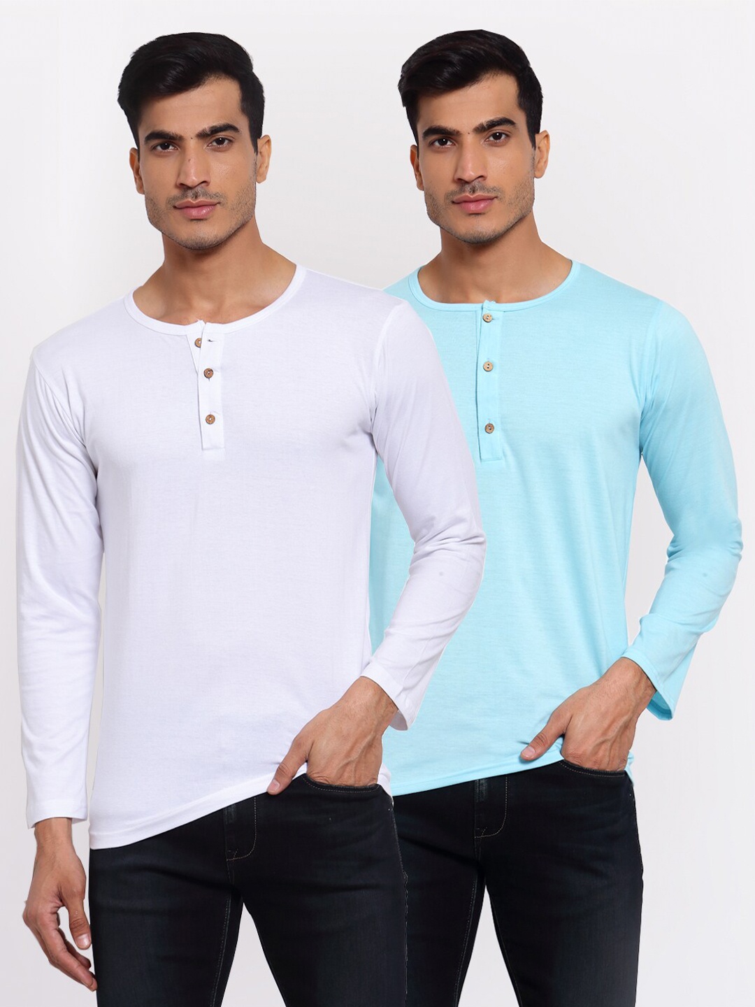

FERANOID Pack of 2 Men White & Blue Henley Neck T-shirt