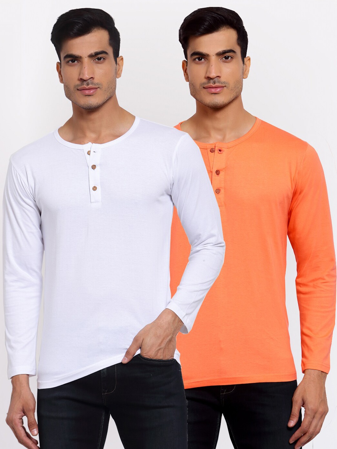 

FERANOID Men Pack Of 2 White & Peach-Coloured Henley Neck Pockets T-shirt