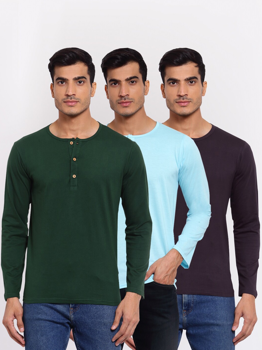 

FERANOID Men Green 3 Henley Neck Cotton T-shirt
