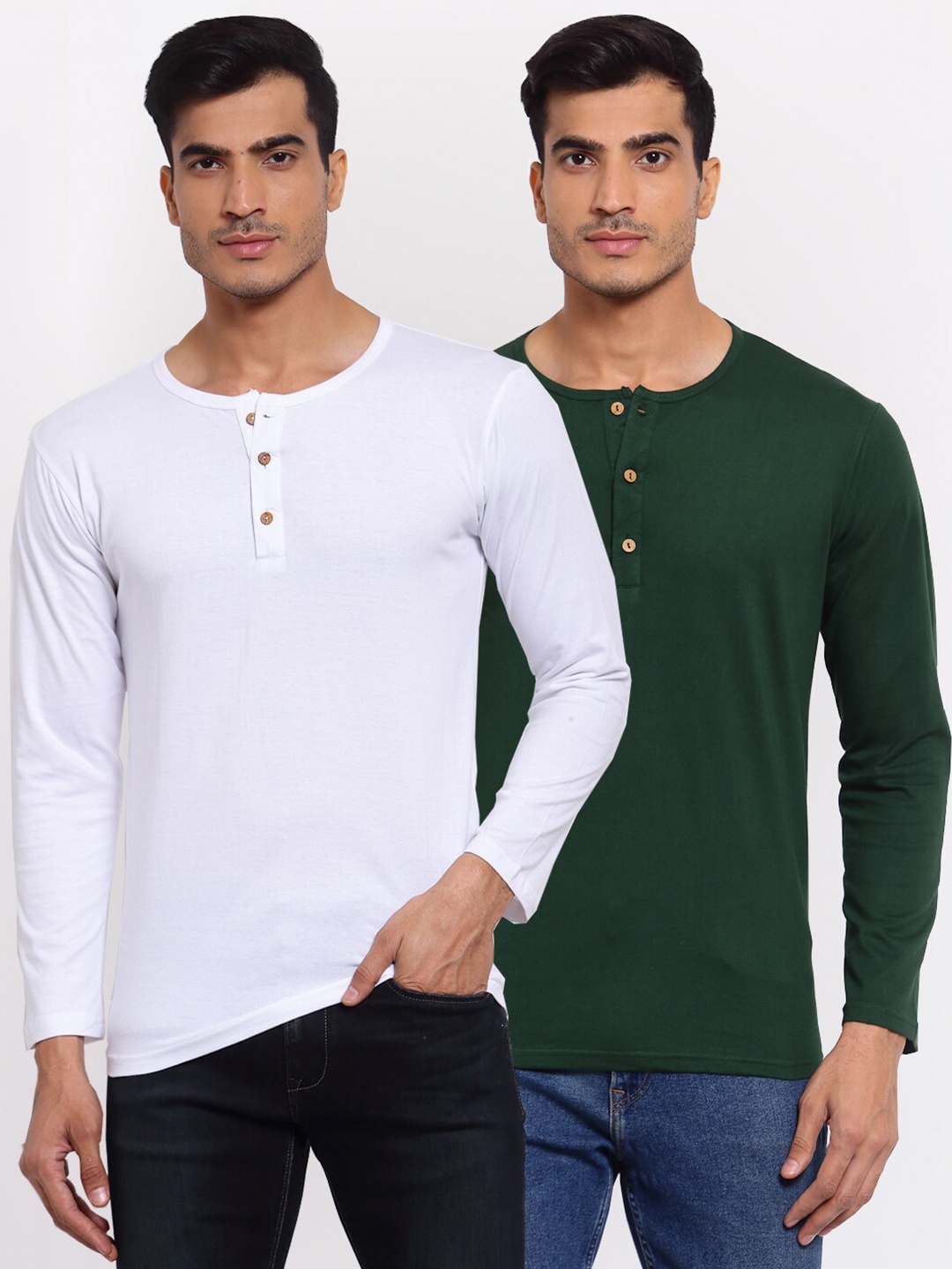 

FERANOID Men White 2 Henley Neck Pockets T-shirt