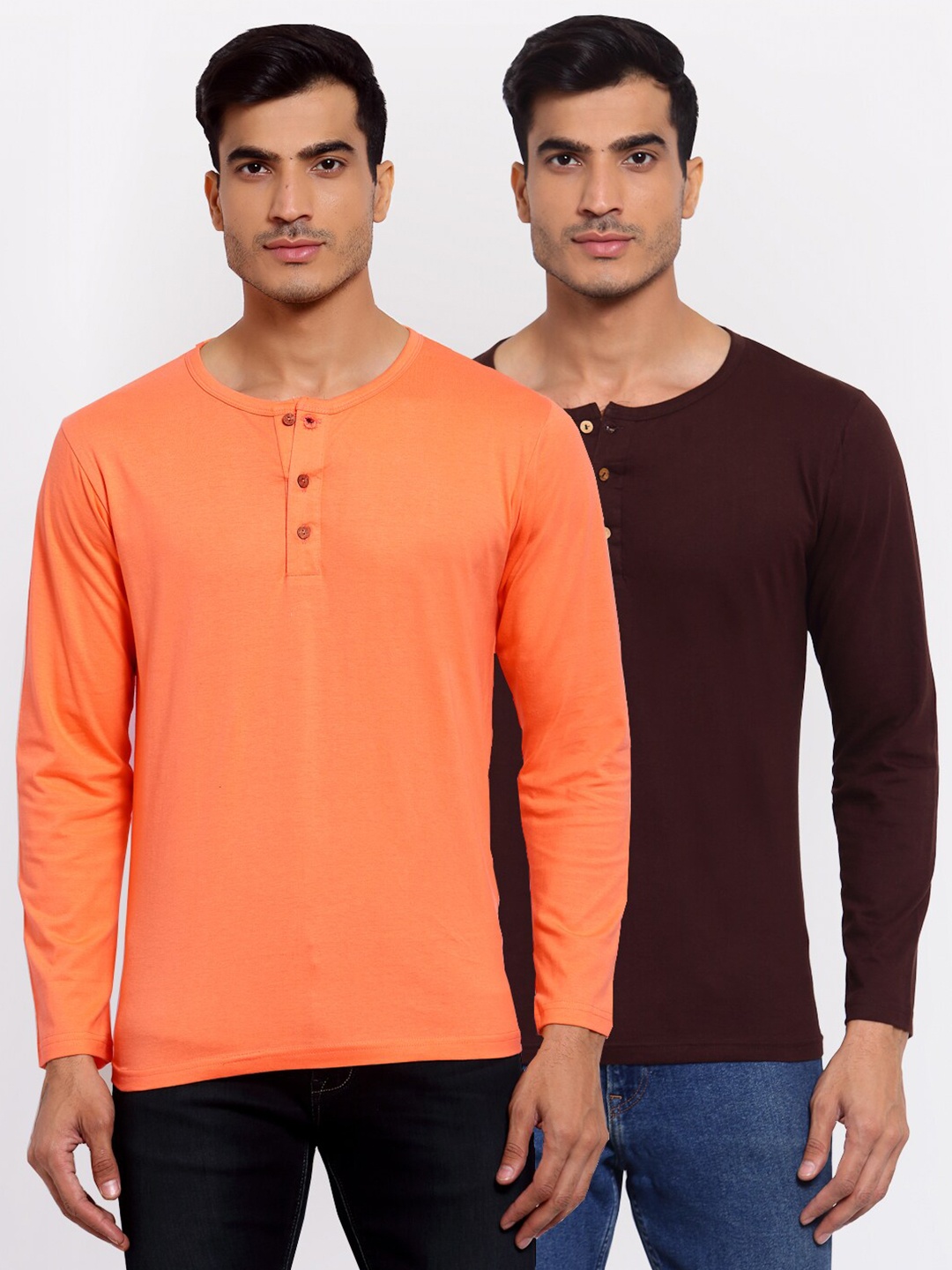 

FERANOID Men Pack Of 2 Peach-Coloured & Brown Henley Neck T-shirts