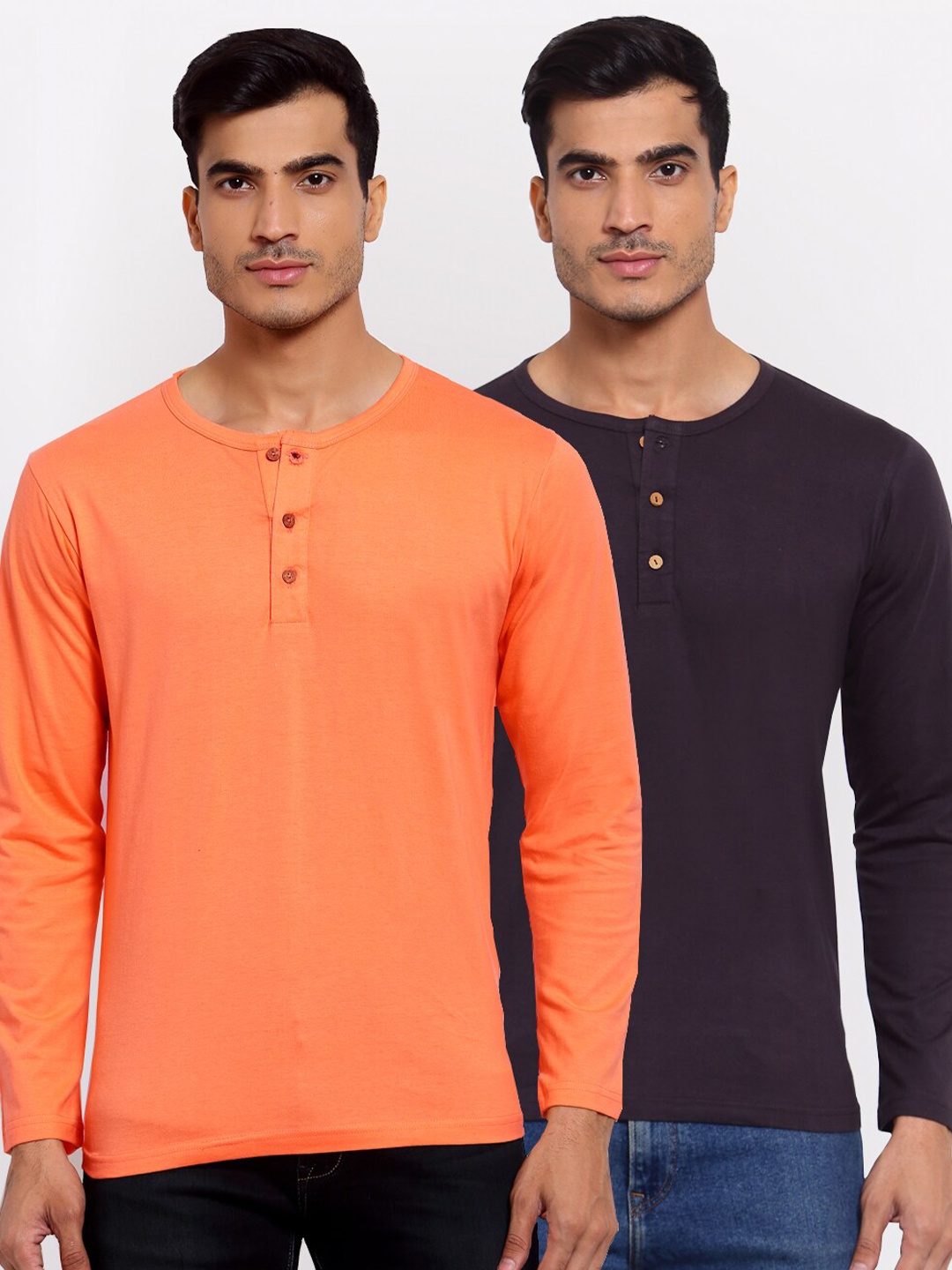 

FERANOID Men Peach-Coloured & Purple Pack of 2 Henley Neck T-shirts
