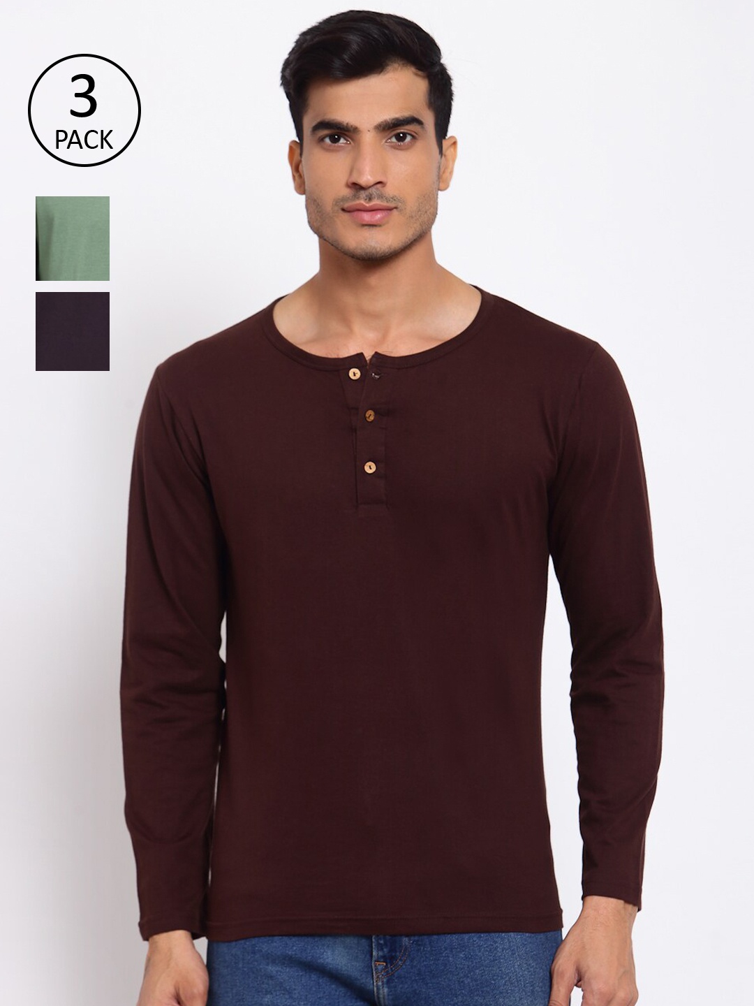 

FERANOID Men Pack Of 3 Brown & Green Henley Neck Cotton T-shirt