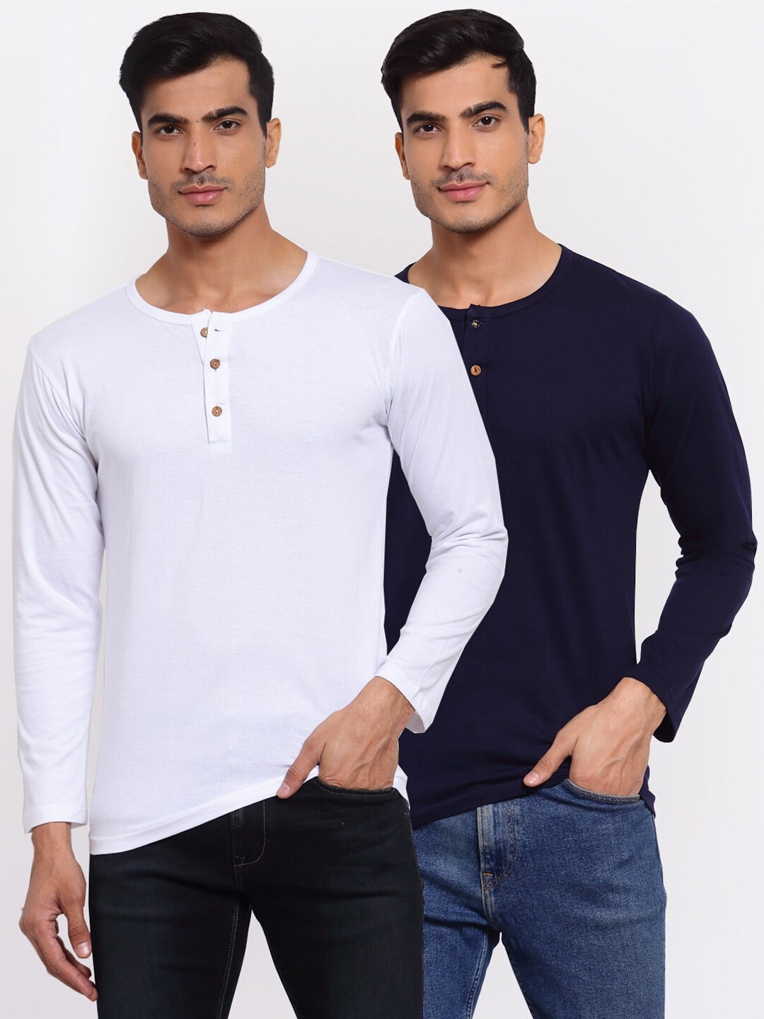 

FERANOID Pack of 2 Men White & Navy Blue Cotton Henley Neck T-shirt