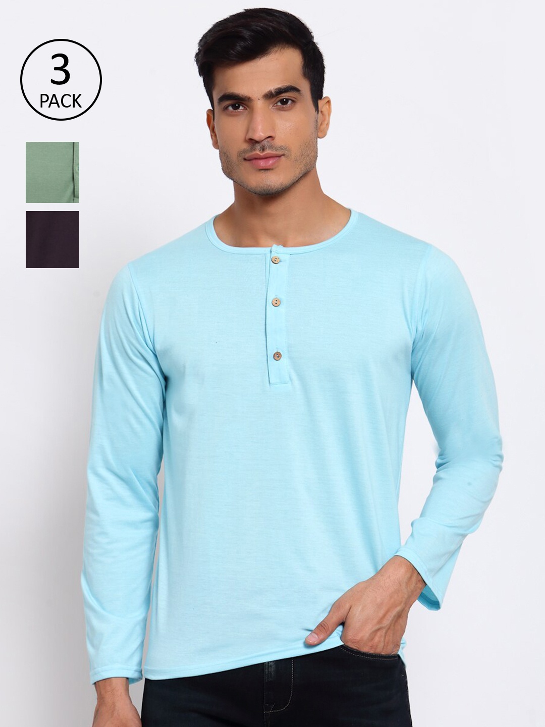 

FERANOID Men Pack Of 3 Henley Neck T-shirt, Blue