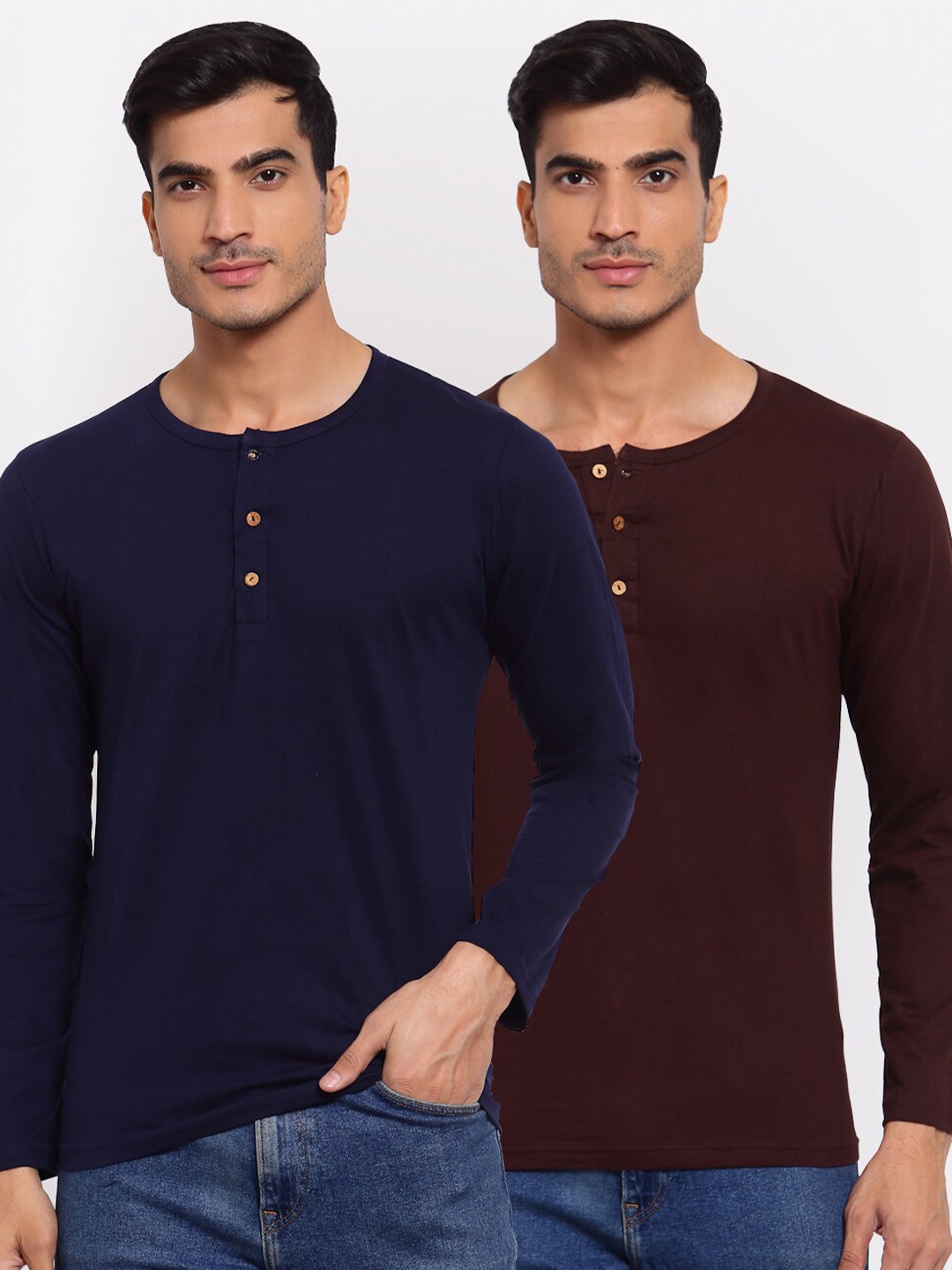 

FERANOID Men Pack of 2 Navy Blue & Brown Henley Neck T-shirt