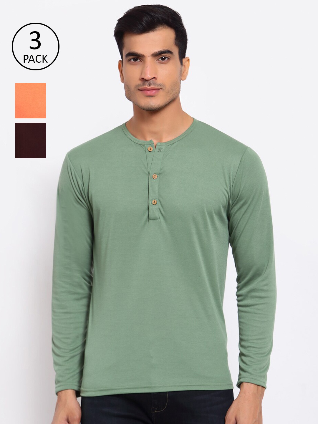 

FERANOID Men Green 3 Henley Neck Pockets T-shirt