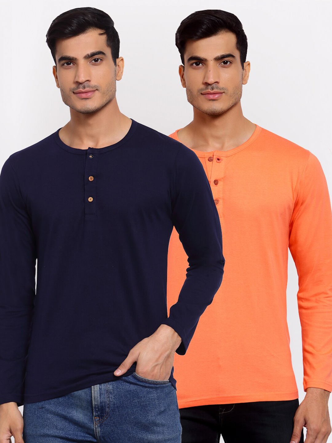 

FERANOID Men Navy Blue 2 Henley Neck Pockets T-shirt
