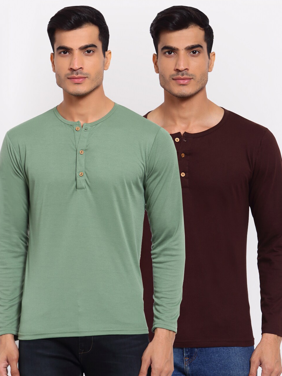 

FERANOID Men Green Pack of 2 Henley Neck Pockets T-shirt