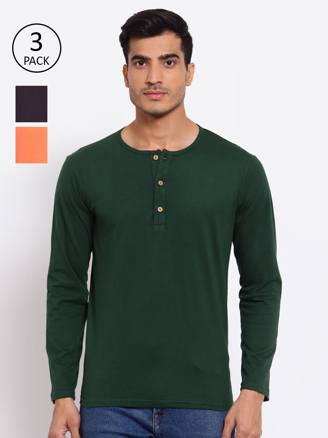 

FERANOID Men Pack of 3 Cotton Henley Neck T-Shirt, Green
