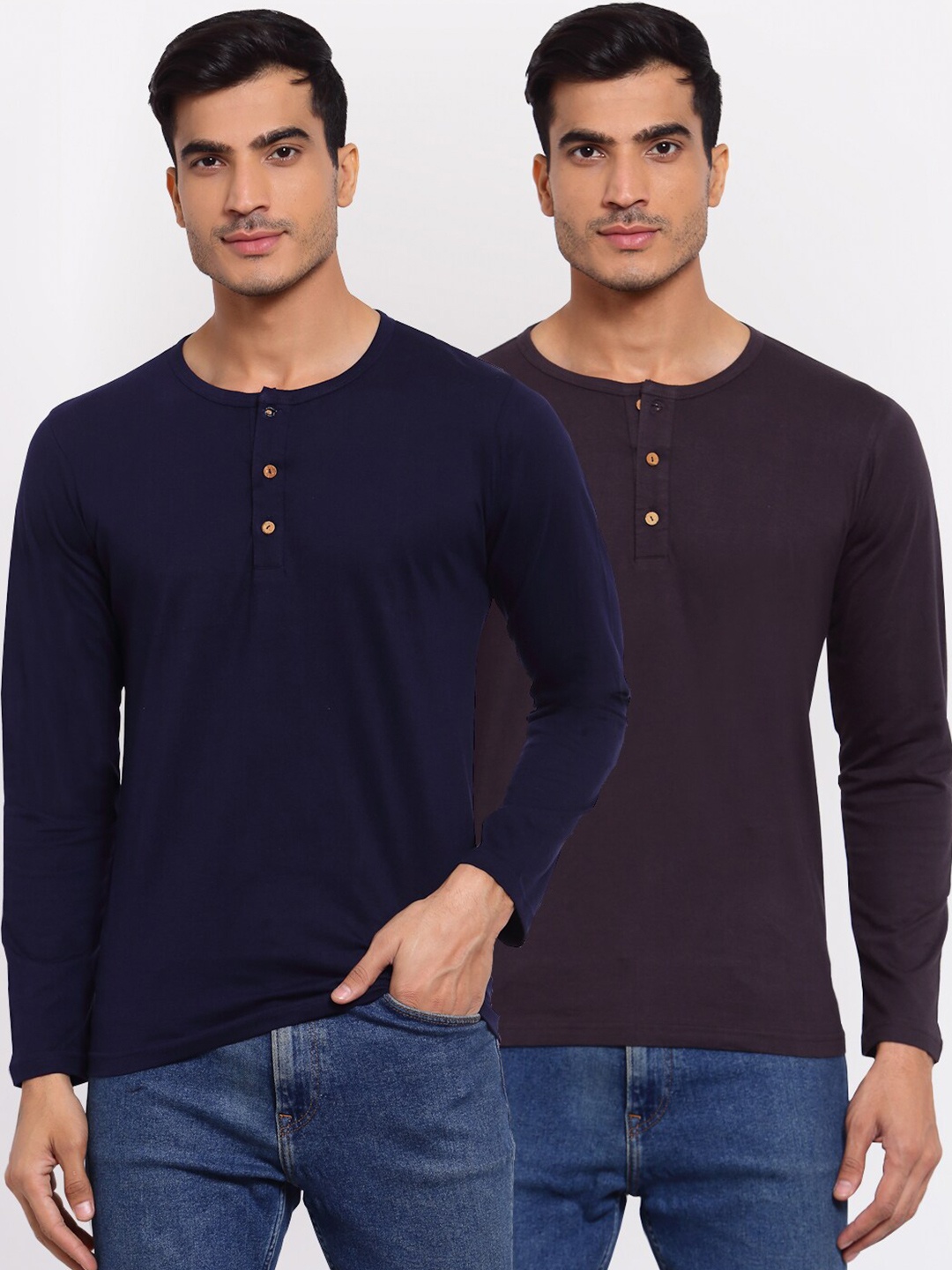 

FERANOID Men Pack Of 2 Navy Blue & Purple Henley Neck T-shirt