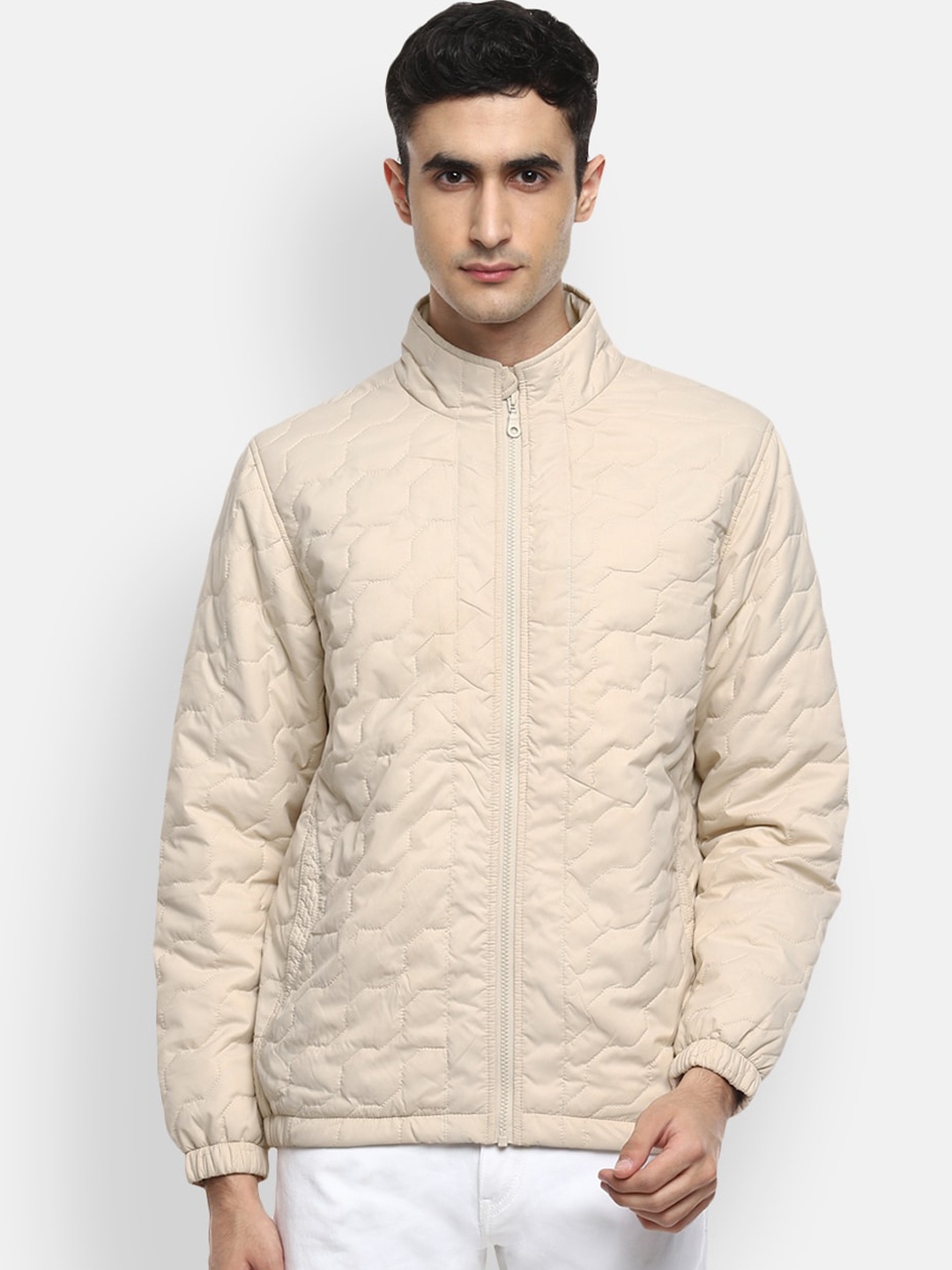 

Red Chief Men Cream-Coloured Stand Collar Quilted Jacket