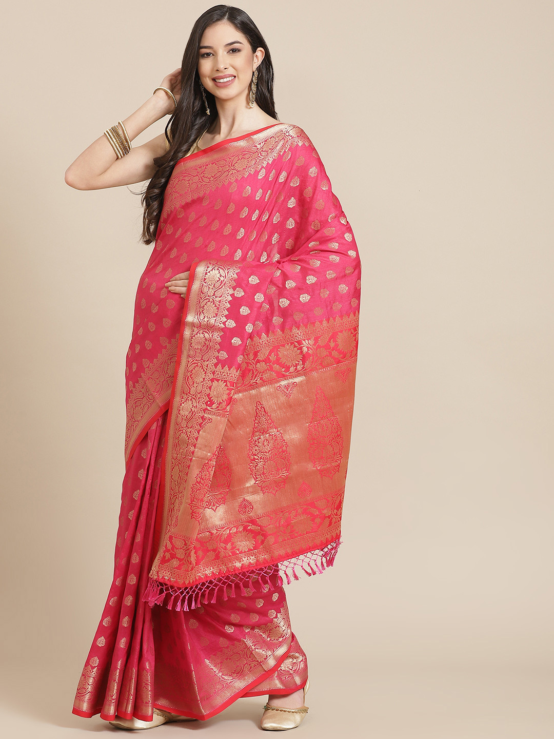 

SHANGRILA Pink Woven Design Zari Art Silk Saree