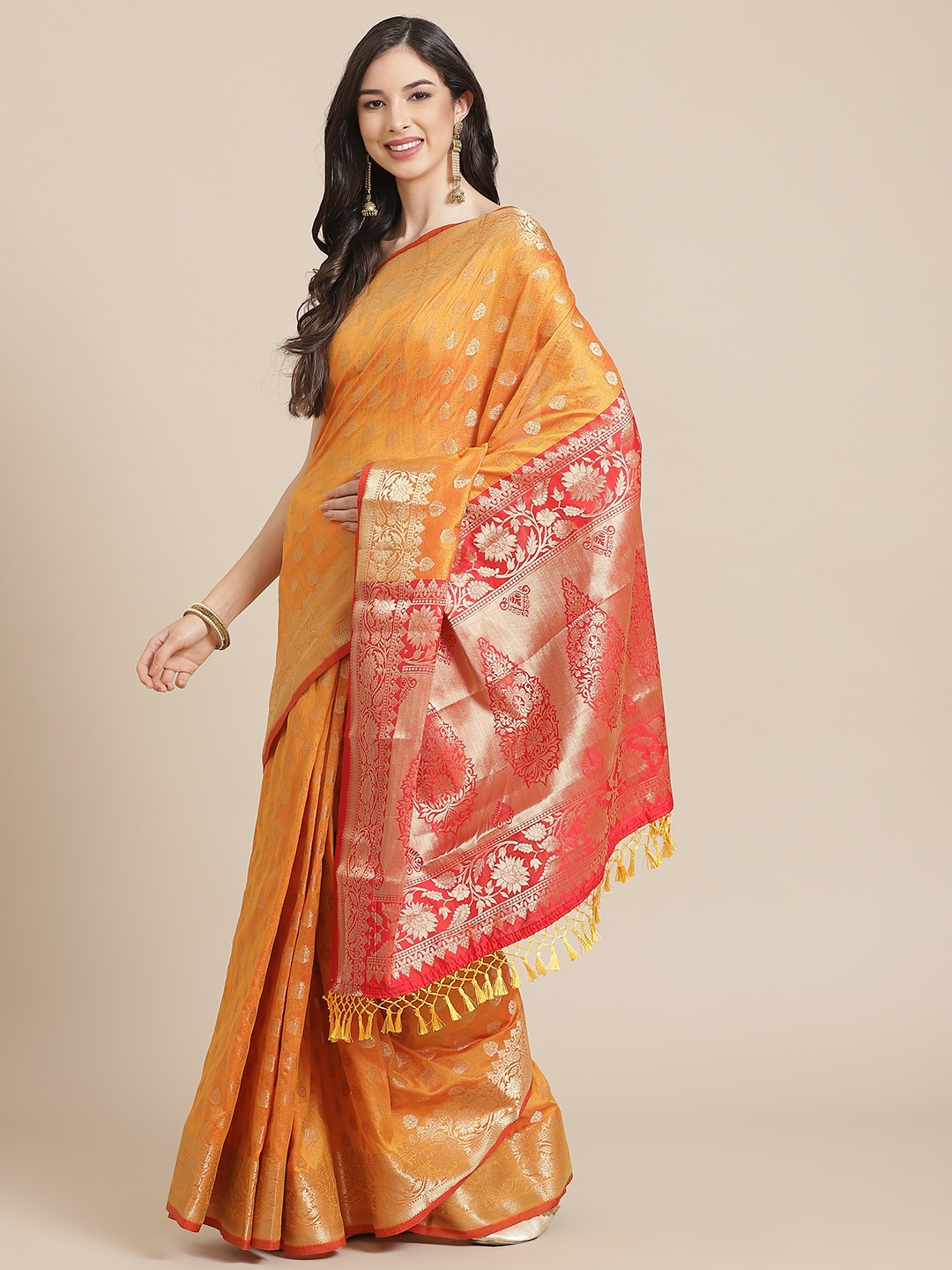 

SHANGRILA Orange Woven Design Zari Art Silk Saree