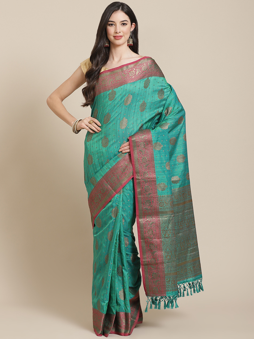

SHANGRILA Green Ethnic Motif Woven Design Zari Art Silk Saree