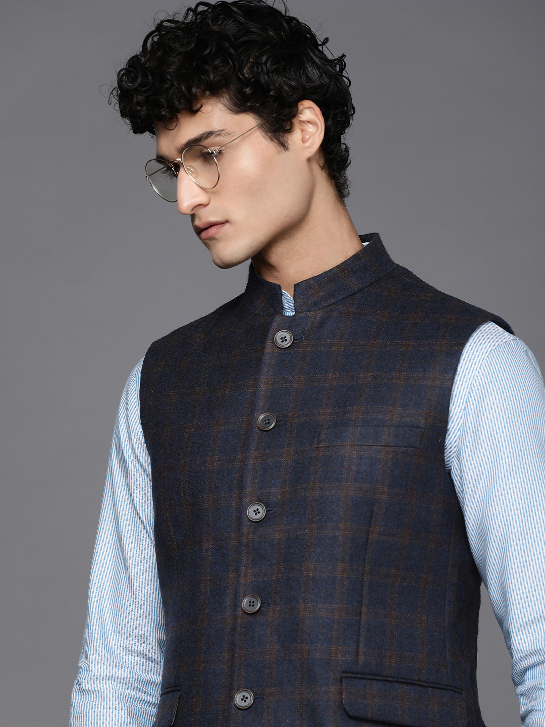 

Louis Philippe Men Checked Nehru Jacket, Navy blue