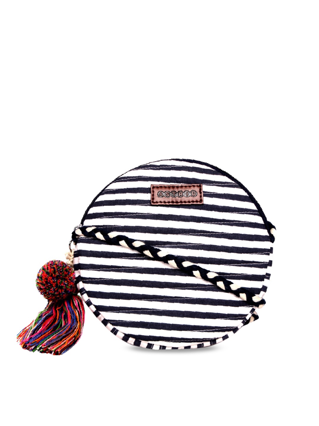 

ASTRID Black Striped Structured Sling Bag with Tasselled