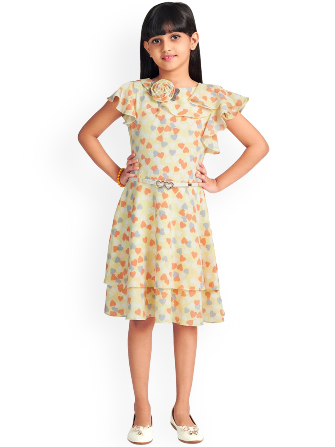

Tiny Girl Girls Yellow & Orange Printed Belted Dress