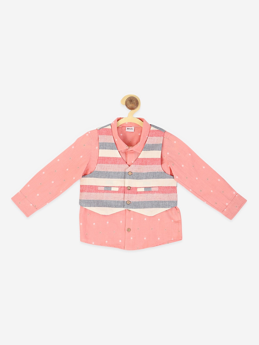 

Fabindia Boys Peach Dobby Casual Shirt With Waistcoat