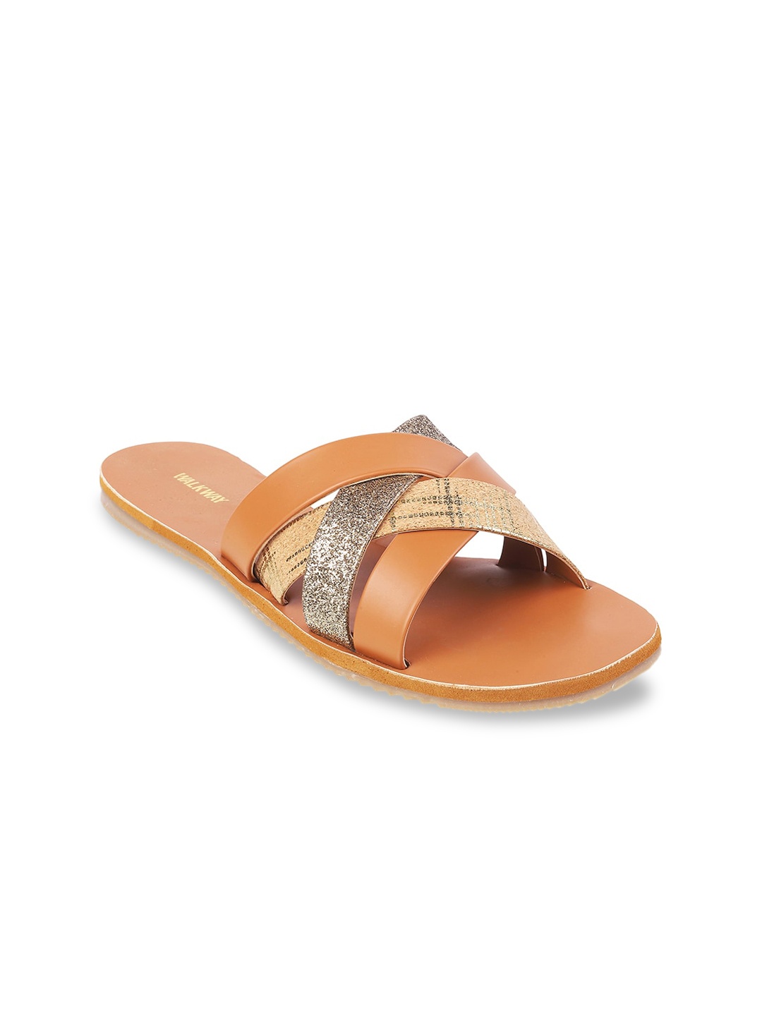 

WALKWAY by Metro Women Tan Brown & Silver-Toned Embellished Open Toe Flats