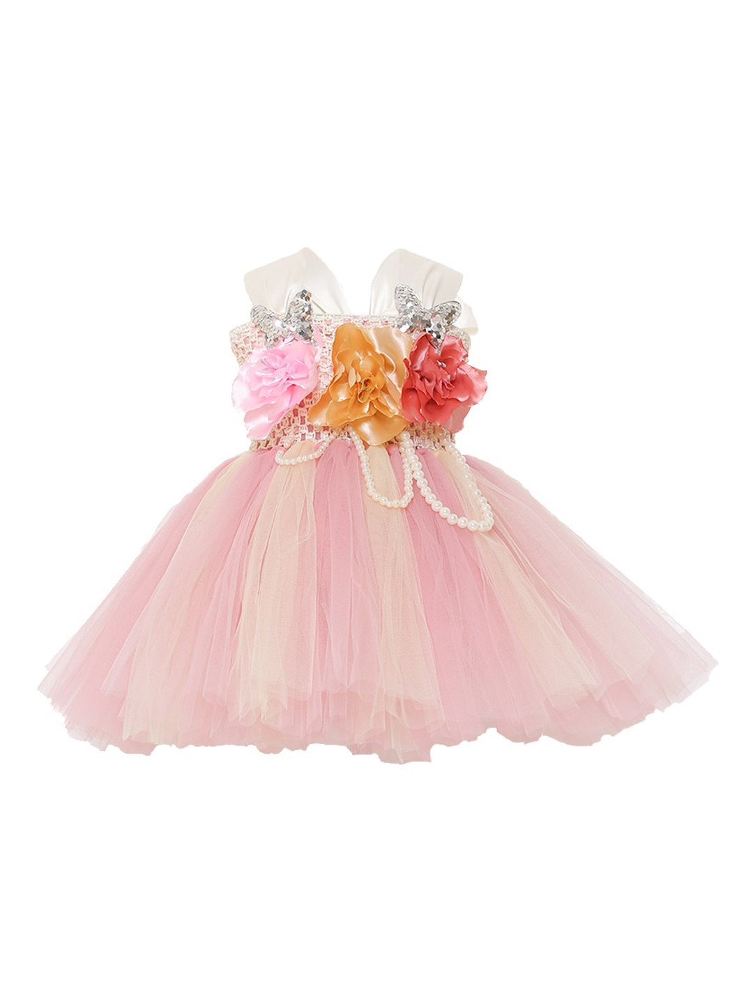 

TINY MINY ME Girls Pink & Yellow Floral Embellished Halter Neck Dress