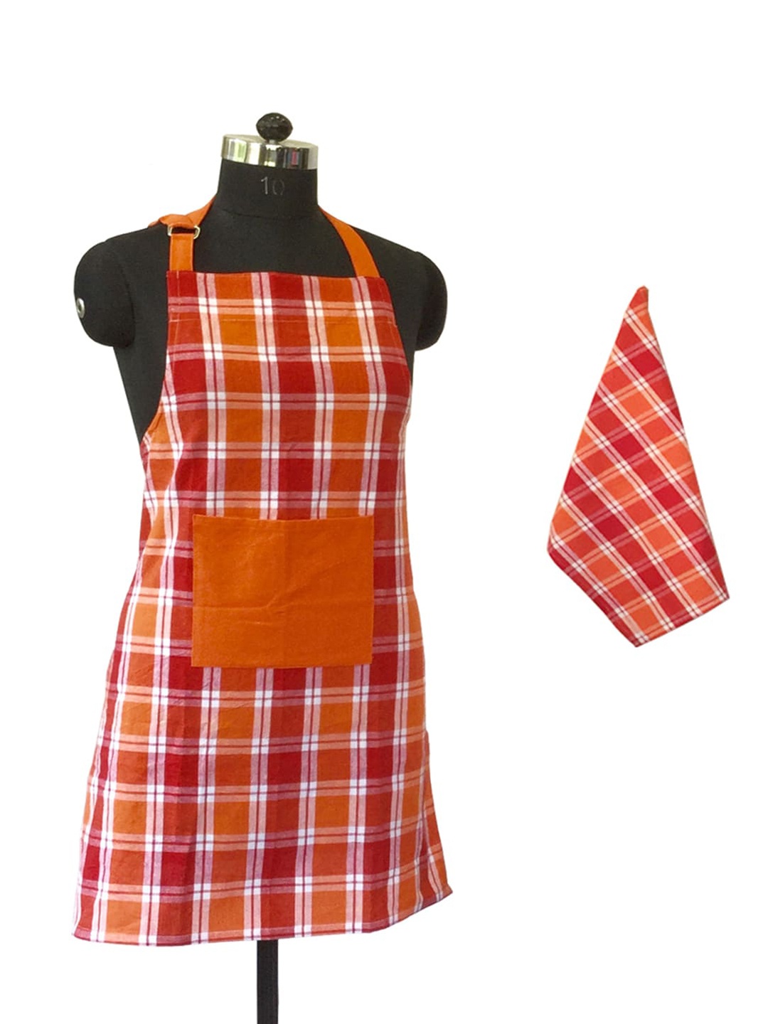 

Lushomes Red & Orange Checked Cotton 2-Piece Kitchen Apron Set