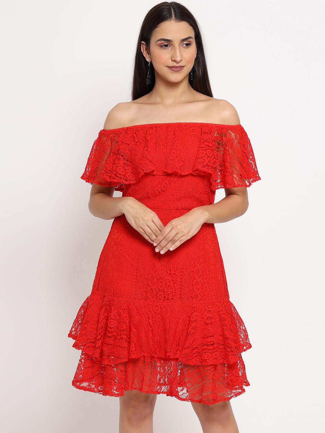

MARC LOUIS Red Off-Shoulder Net A-Line Dress