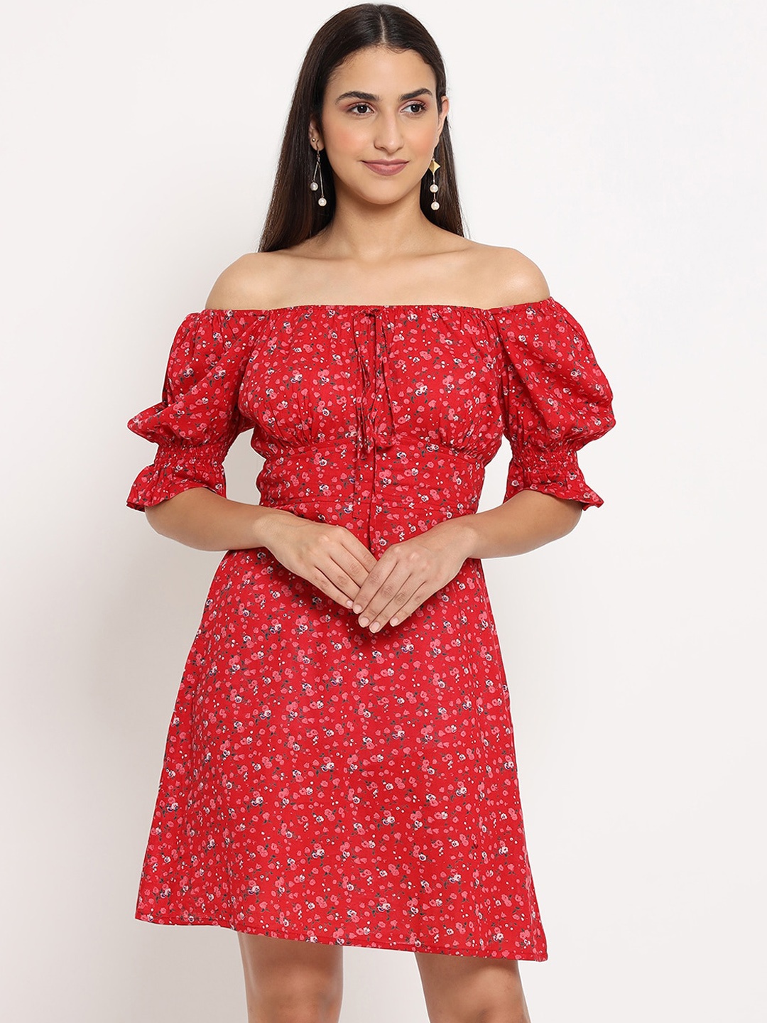 

MARC LOUIS Red Floral Off-Shoulder Dress