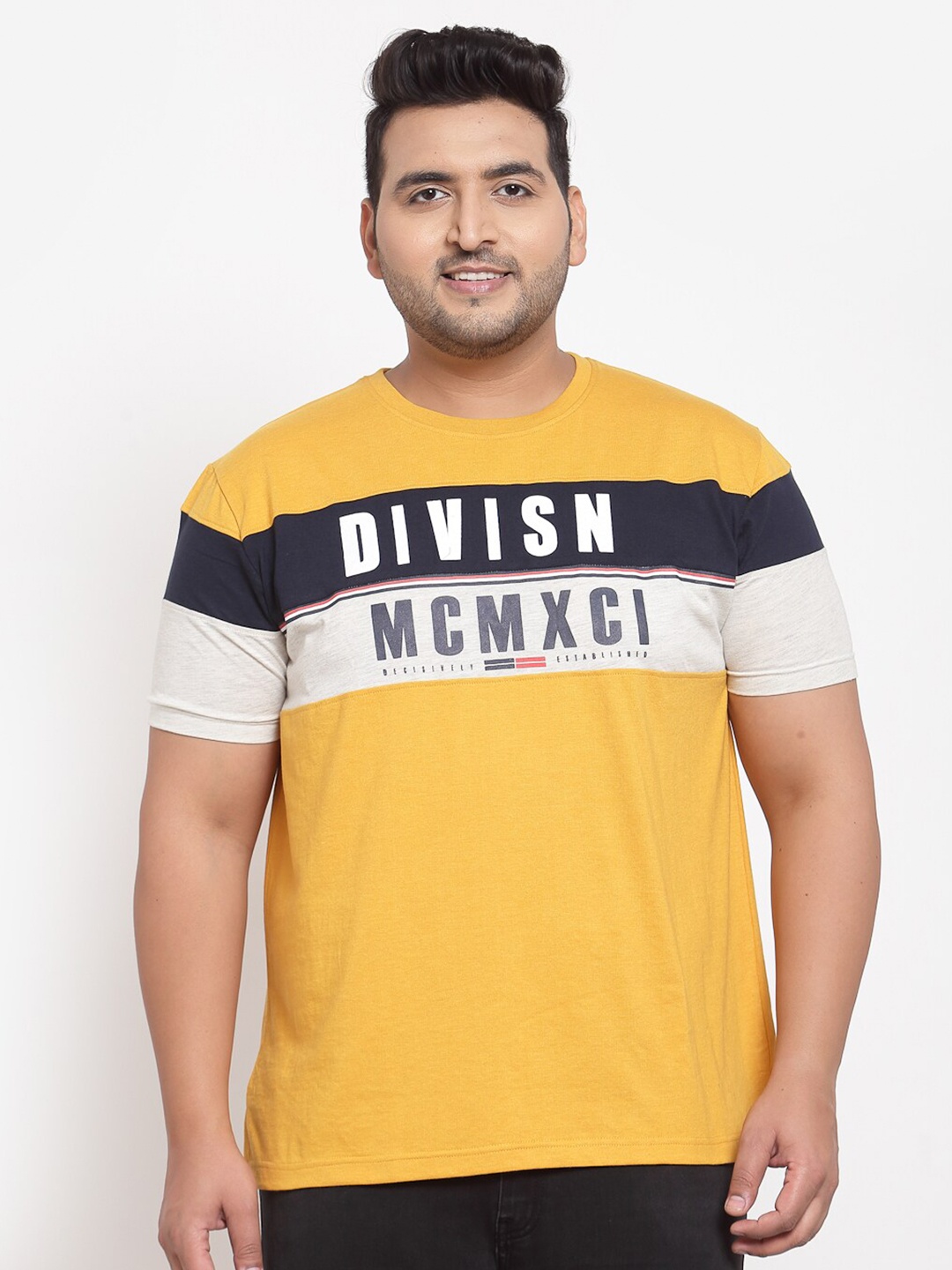 

plusS Men Mustard Yellow Varsity Printed T-shirt
