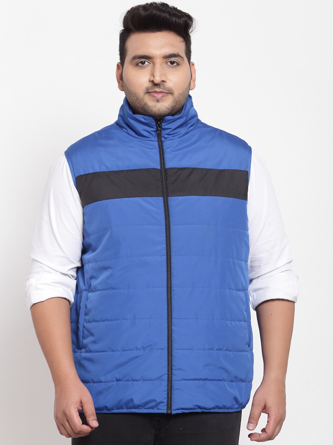 

plusS Men Blue Colourblocked Padded Jacket