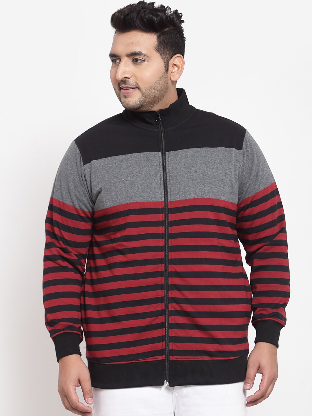 

plusS Men Grey & Red Striped Sweatshirt