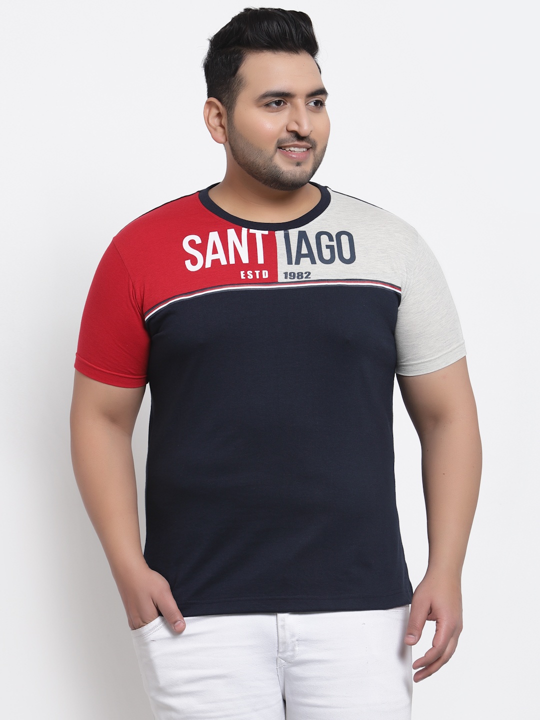 

plusS Men Navy Blue & Red Colourblocked Pure Cotton T-shirt